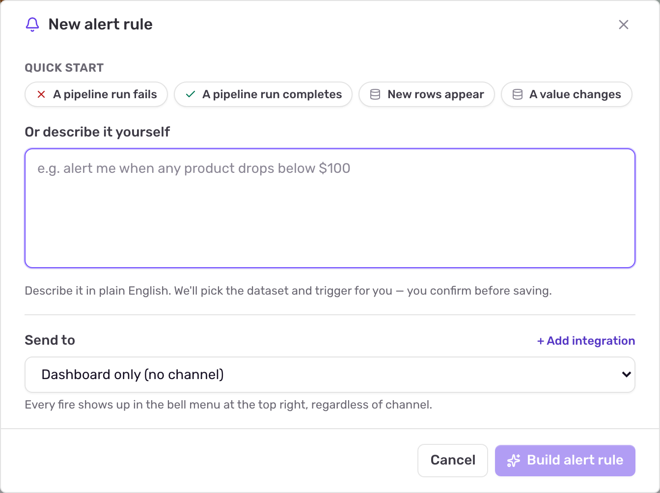 The New alert rule dialog with four Quick start chips, the description box and the Send to channel selector