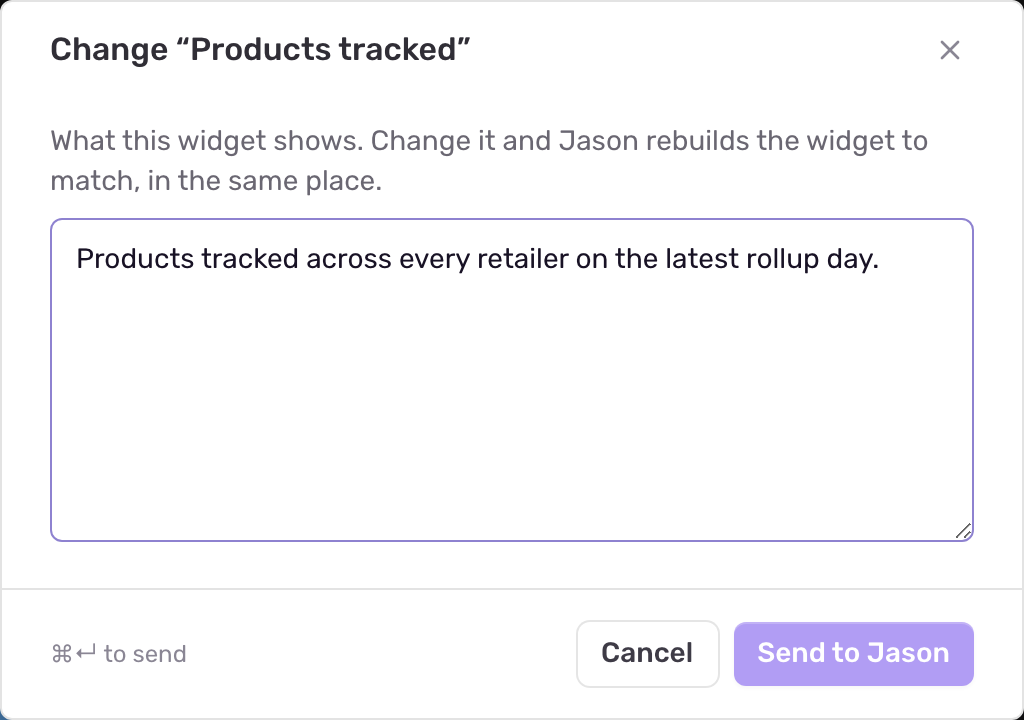 The Change widget dialog showing the card's current description in an editable box and the Send to Jason button