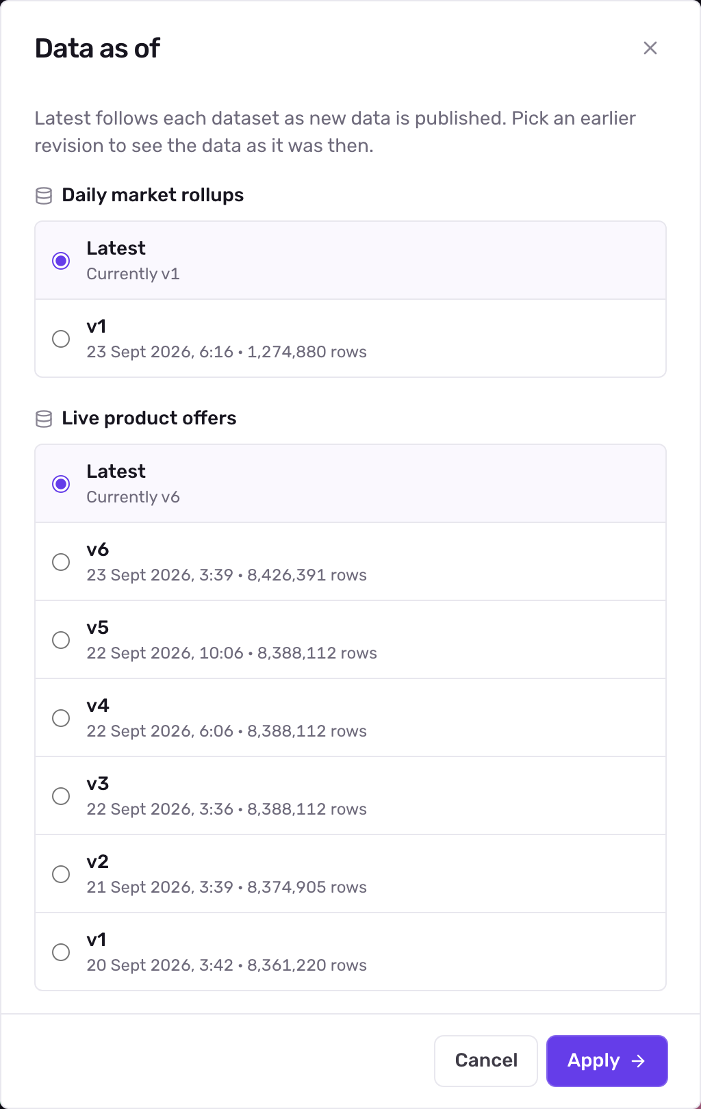 The Data as of dialog listing a dataset with Latest selected and older versions with their dates and row counts