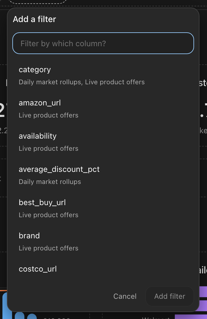 The Add a filter panel with the column list searched, showing which datasets carry each column