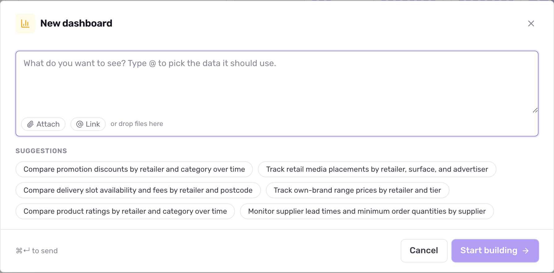 The New dashboard dialog with a request box, Attach and Link buttons, suggestion pills and the Start building button