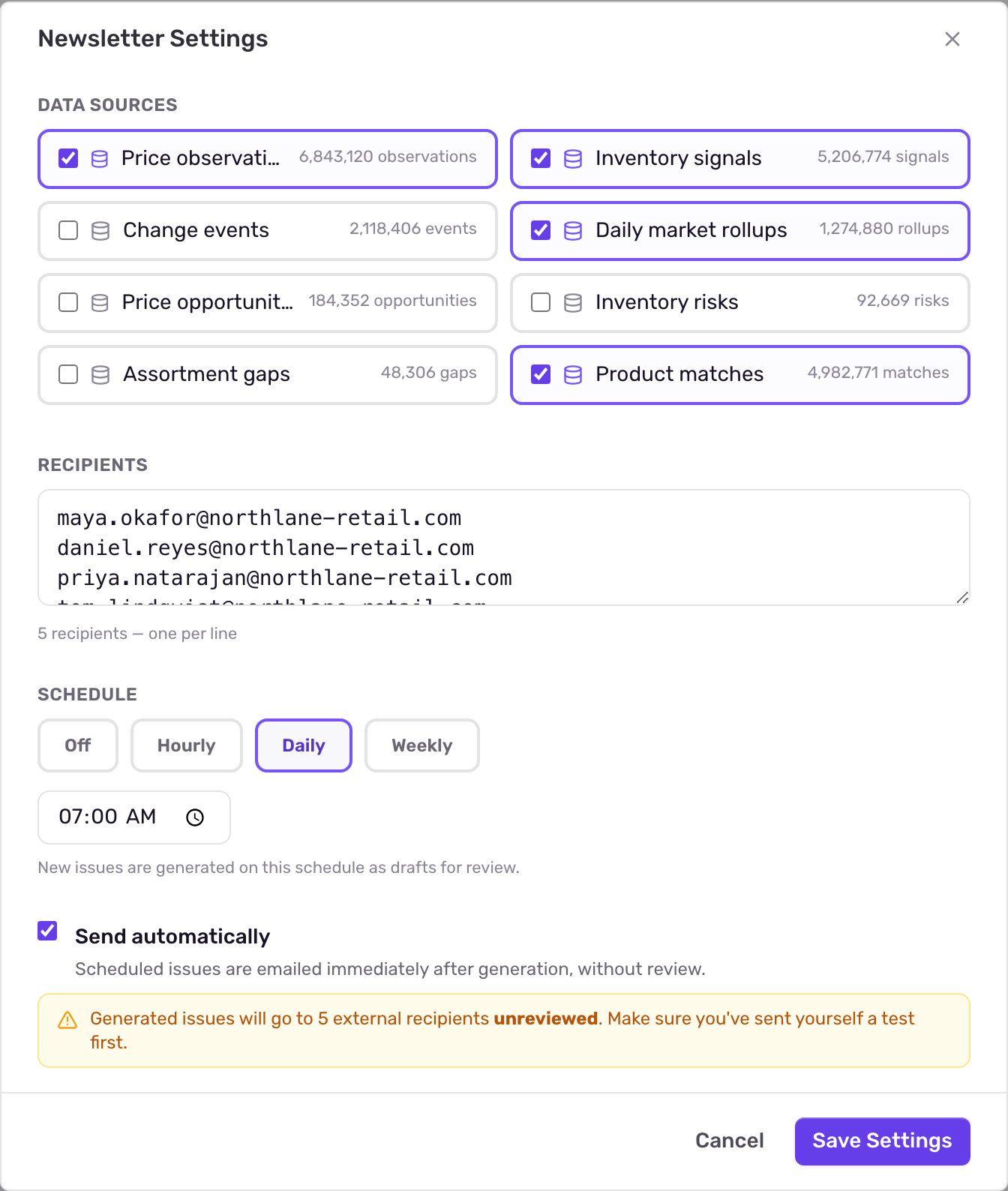 The Newsletter Settings dialog with data source checkboxes, a recipients box, schedule pills and the Send automatically option