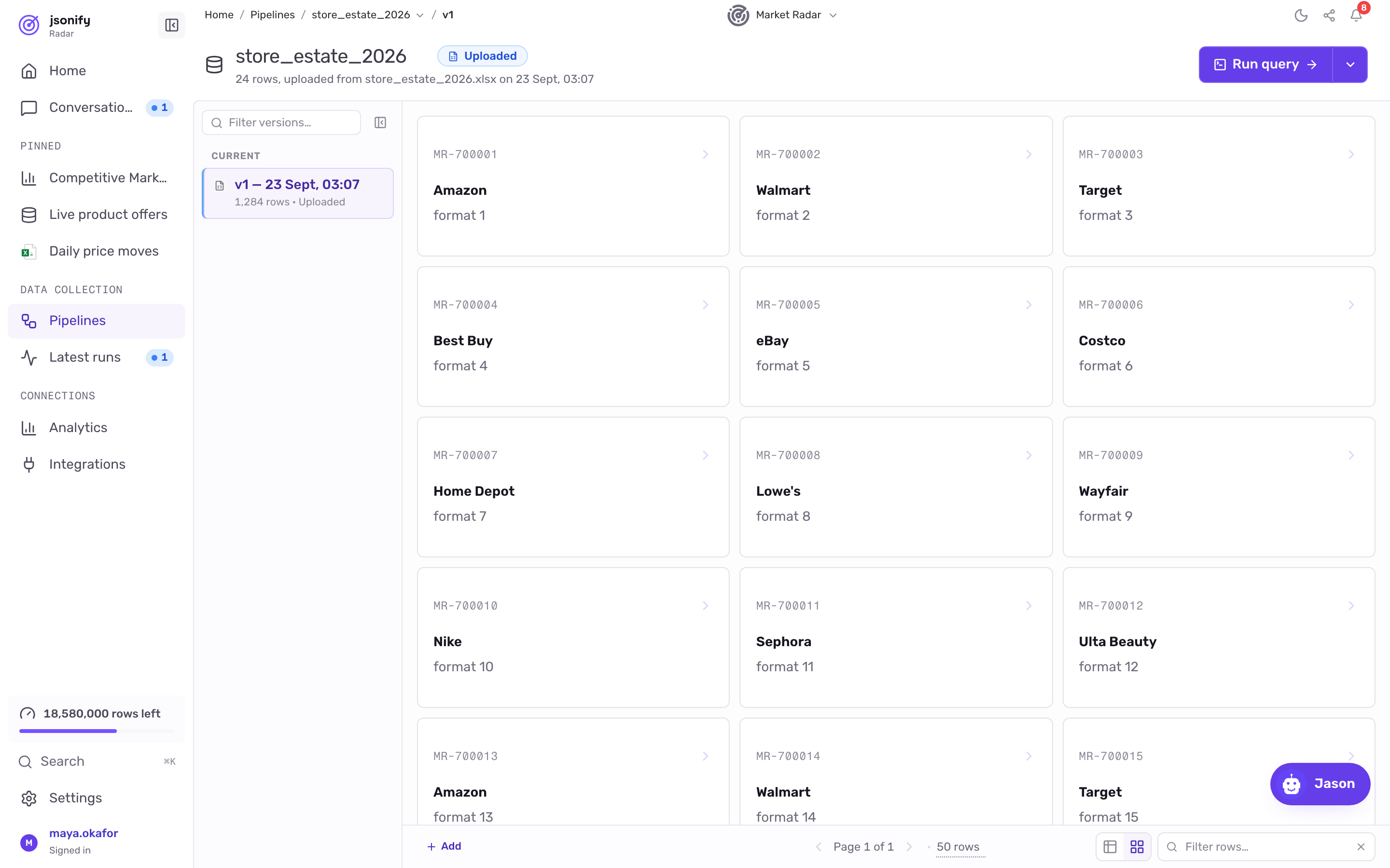 A dataset shown in card view, a grid of cards each with an identifier, a bold title and a second line