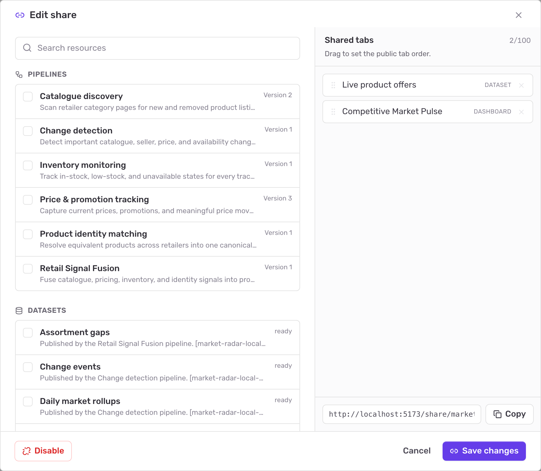 The Share workspace dialog with the resource catalogue on the left and the Shared tabs list on the right