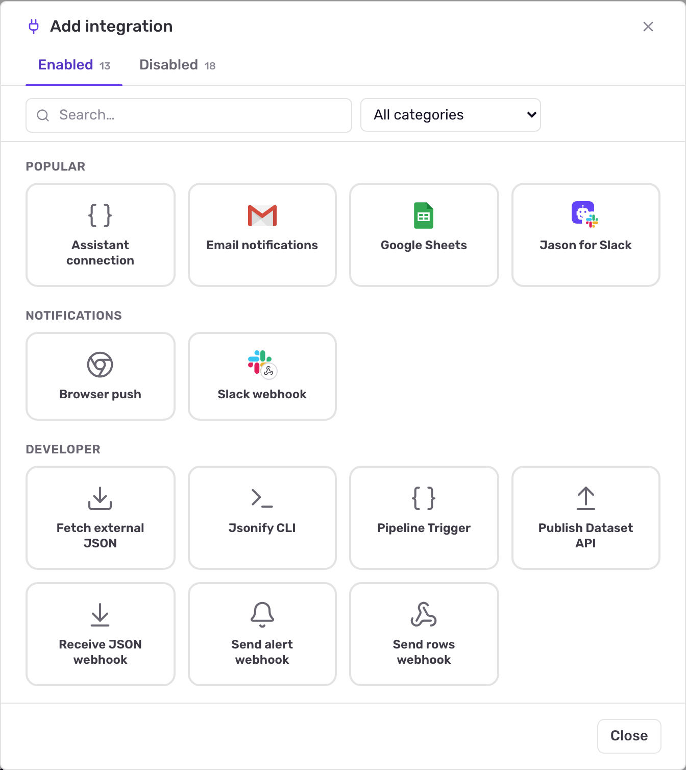 The Add integration picker with Enabled and Disabled tabs, a search box, a category menu and cards grouped by category