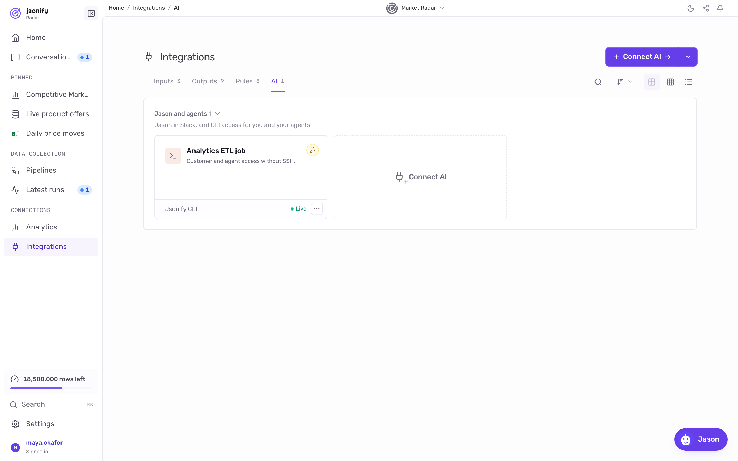The AI tab of the Integrations page with the Jason and agents section and the Assistant connections section