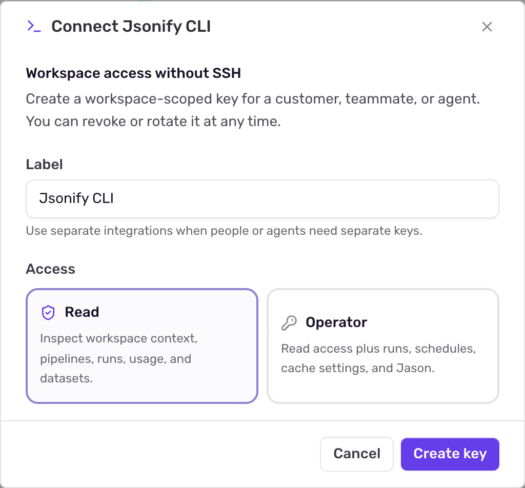 The Connect Jsonify CLI dialog with the Label field and the Read and Operator access cards