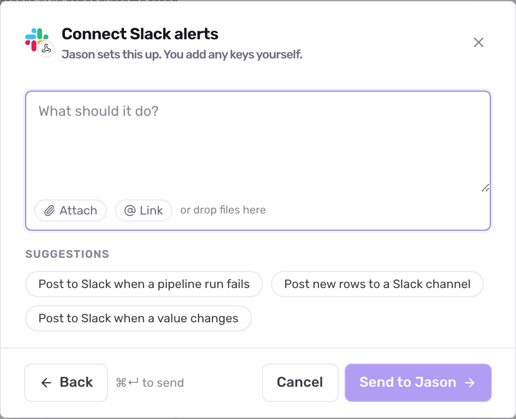 The Connect Slack alerts step with the What should it do box, suggestion pills and the Send to Jason button