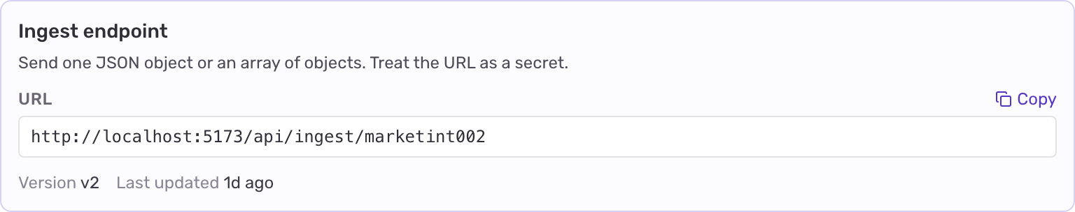 A Receive JSON webhook integration's Overview tab showing the Ingest endpoint block with the URL and a Copy link
