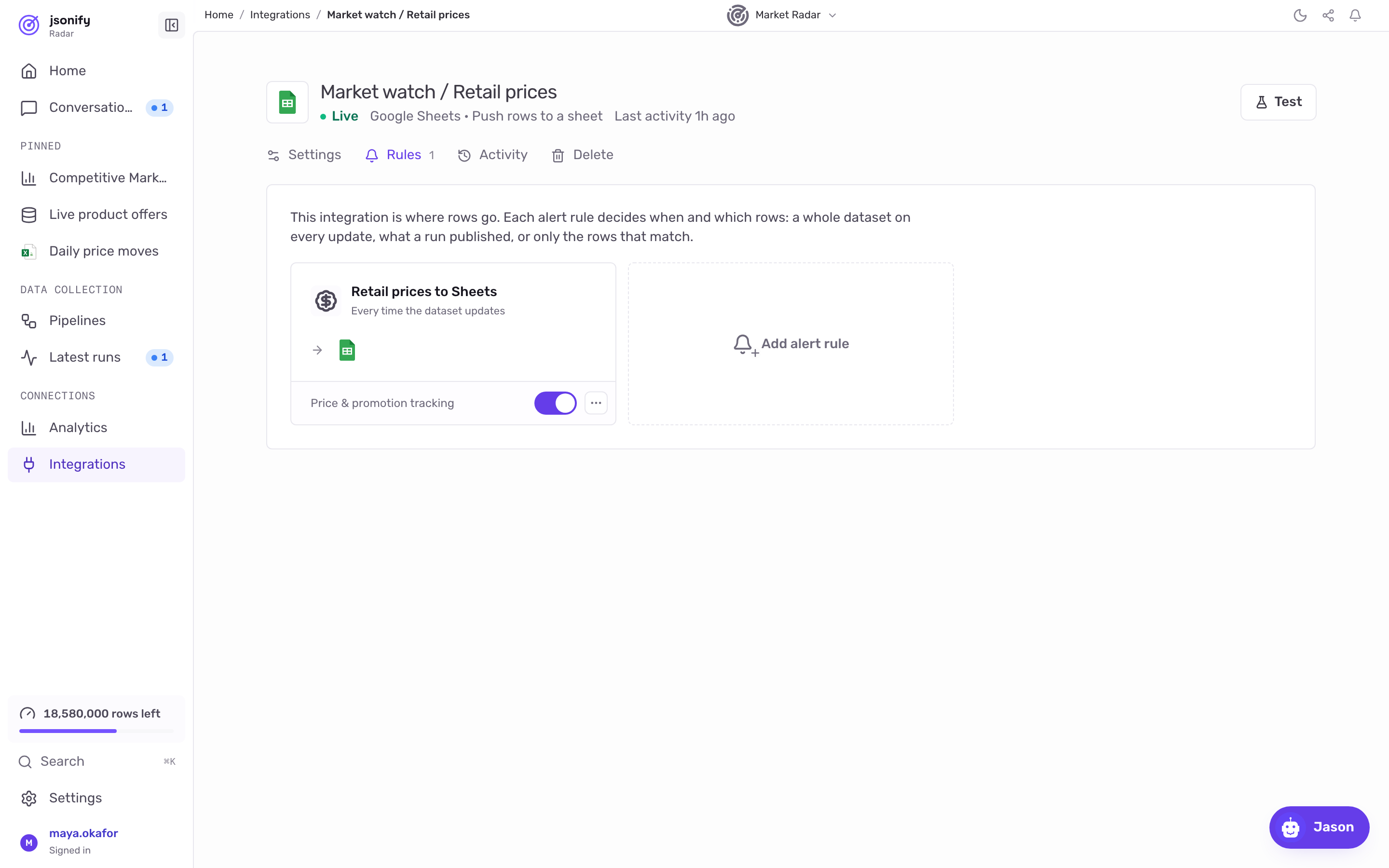 The Rules tab of a Google Sheets output with one rule card and an Add alert rule tile