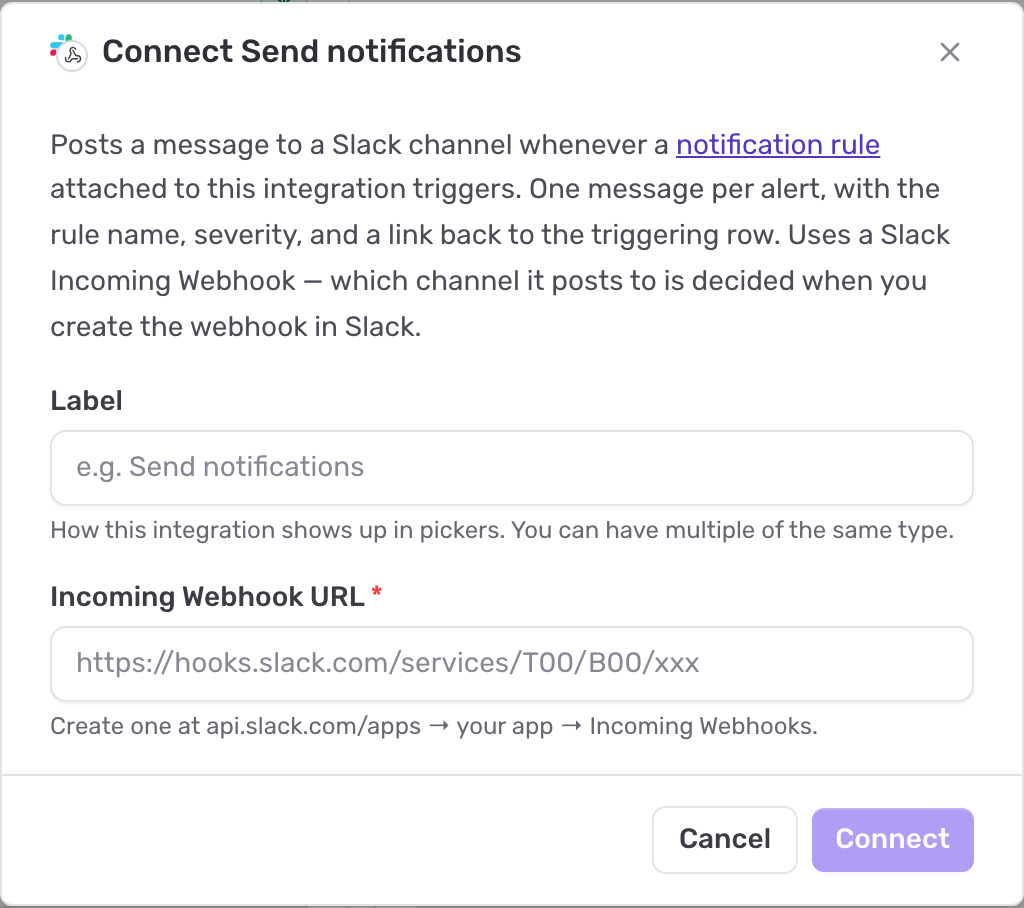 The Connect Slack form with the Label and Incoming Webhook URL fields