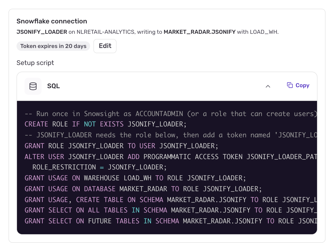 The Snowflake connection panel showing the user, account, database and schema, a token expiry pill, the Edit button and the setup script