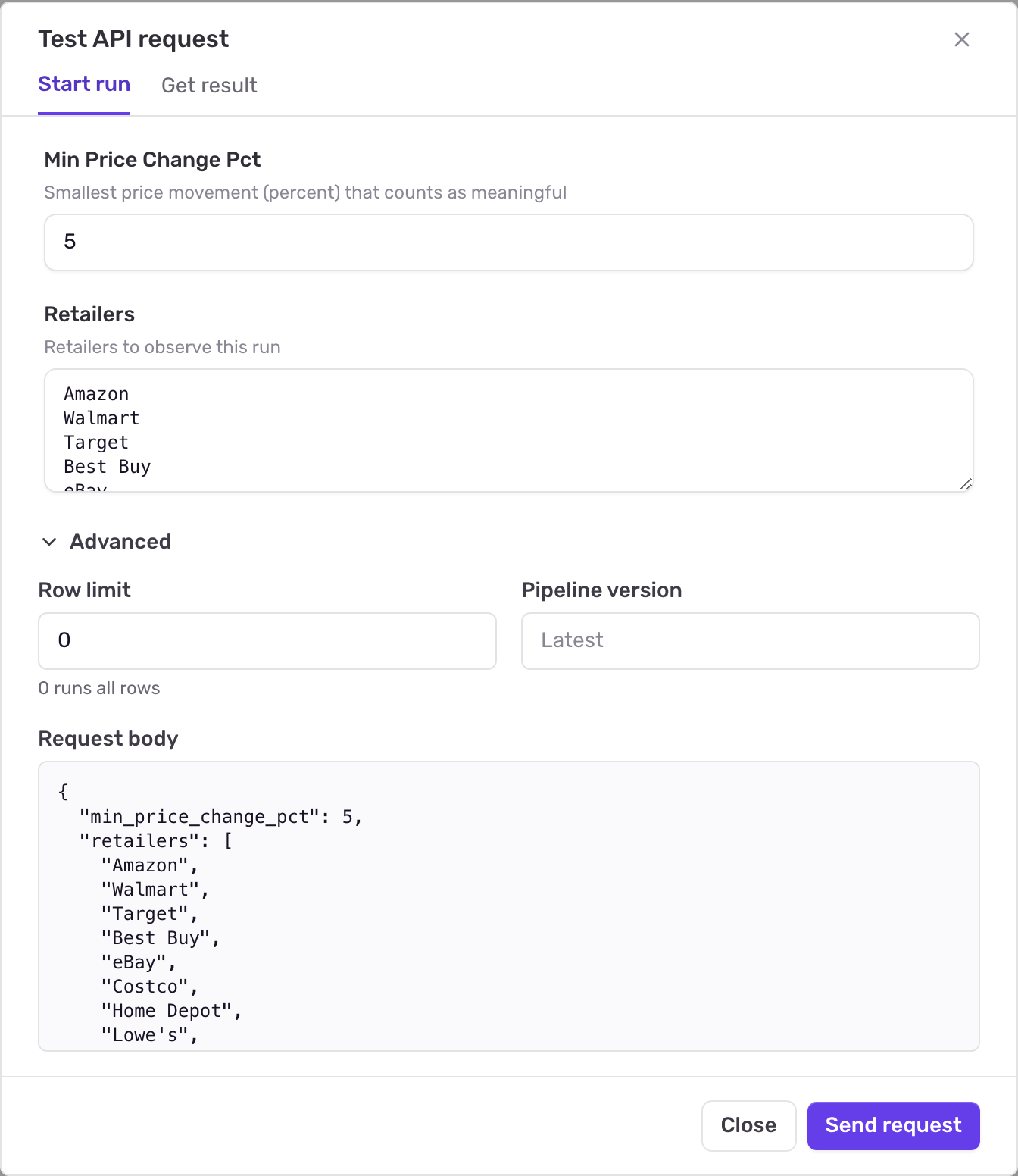 The Test API request dialog on its Start run tab with the pipeline's input fields, the Advanced section open showing Row limit and Pipeline version, and the request body preview