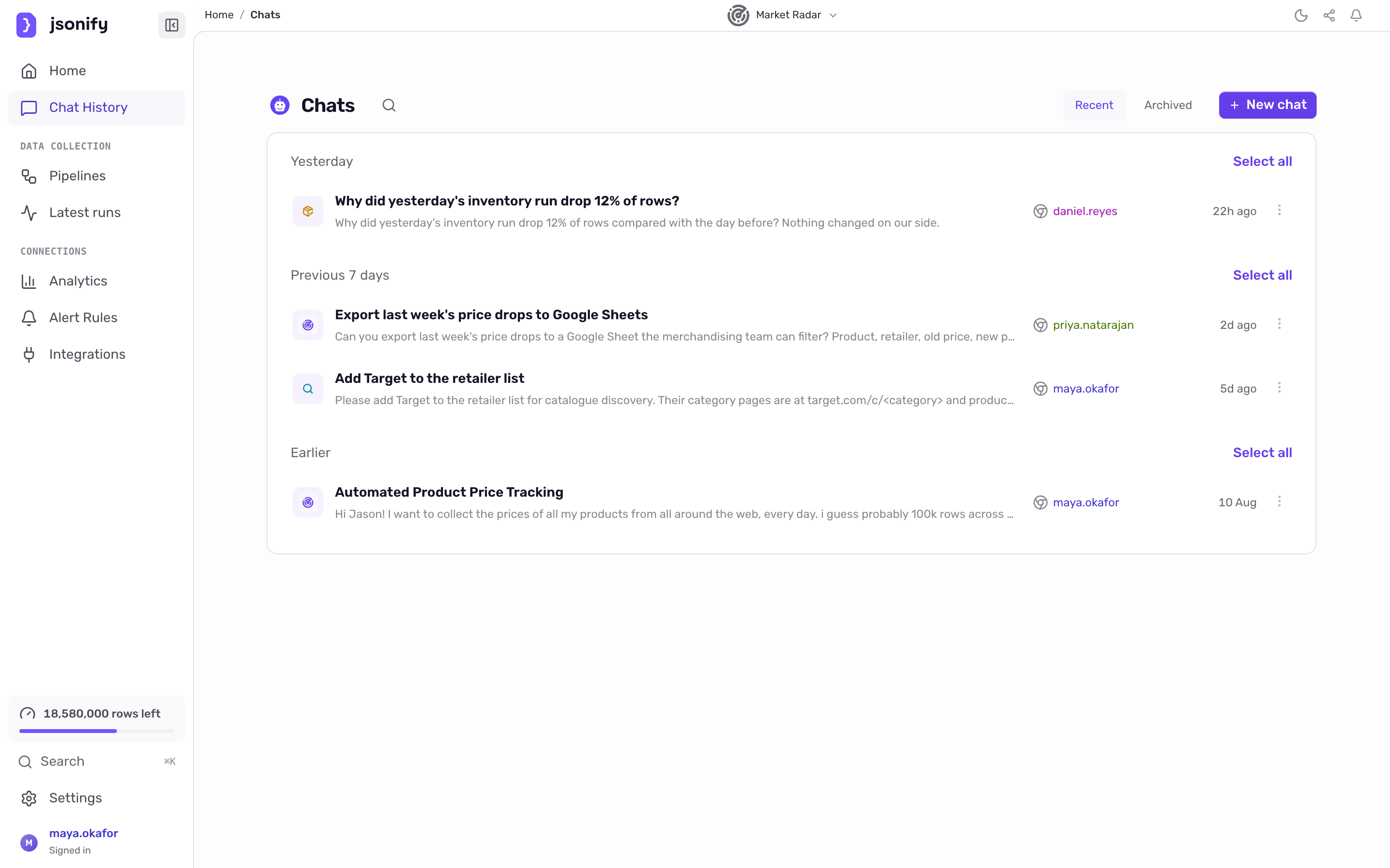 The Chat History page with an active chat card at the top, grouped rows for Today and Earlier, and a New chat button