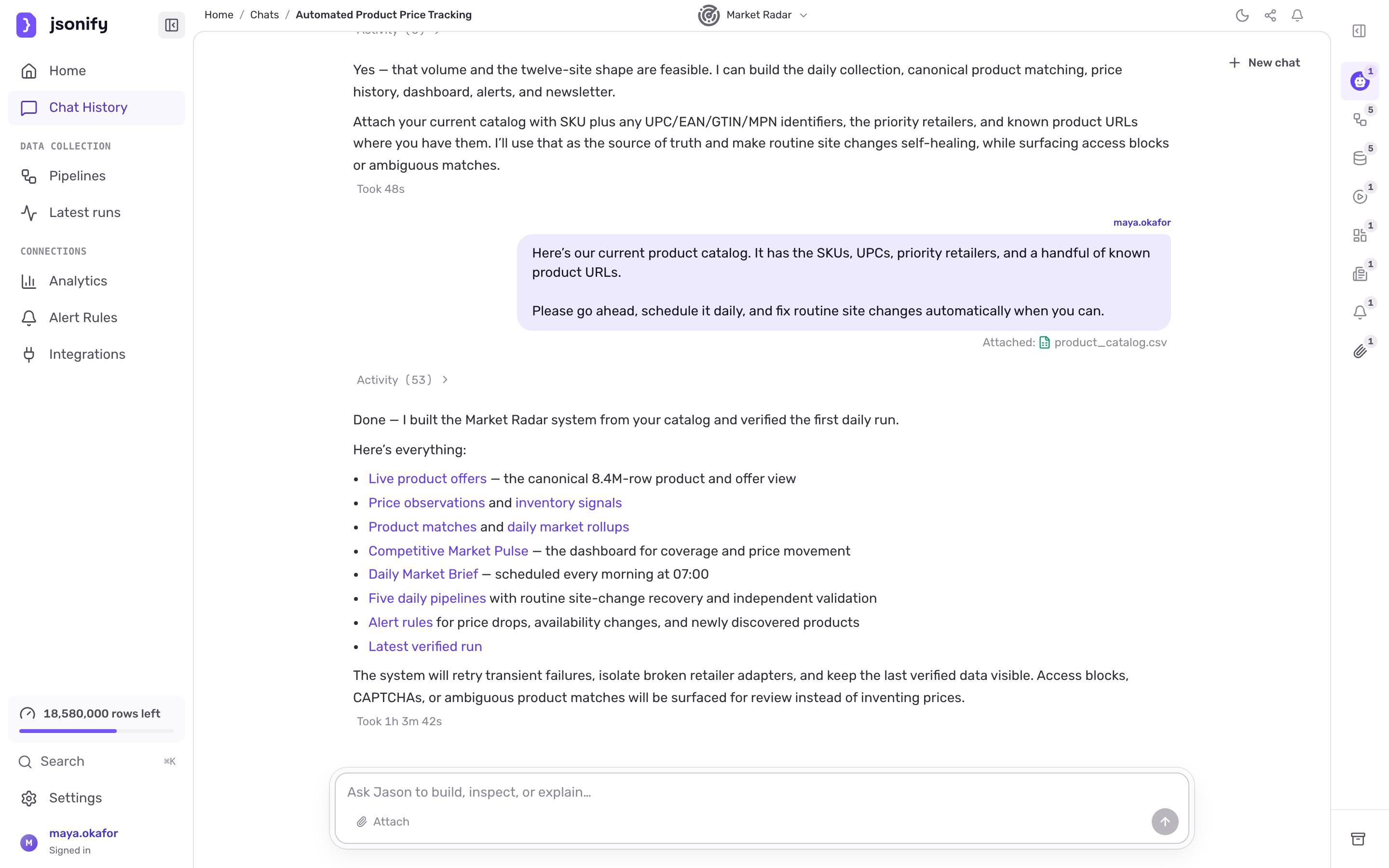 A full chat page showing a build conversation with user messages, collapsed activity folds, Jason's replies and the Chat details rail on the right