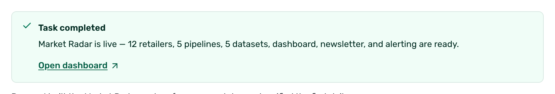 A green Task completed card at the end of a build chat with a summary and a View data link
