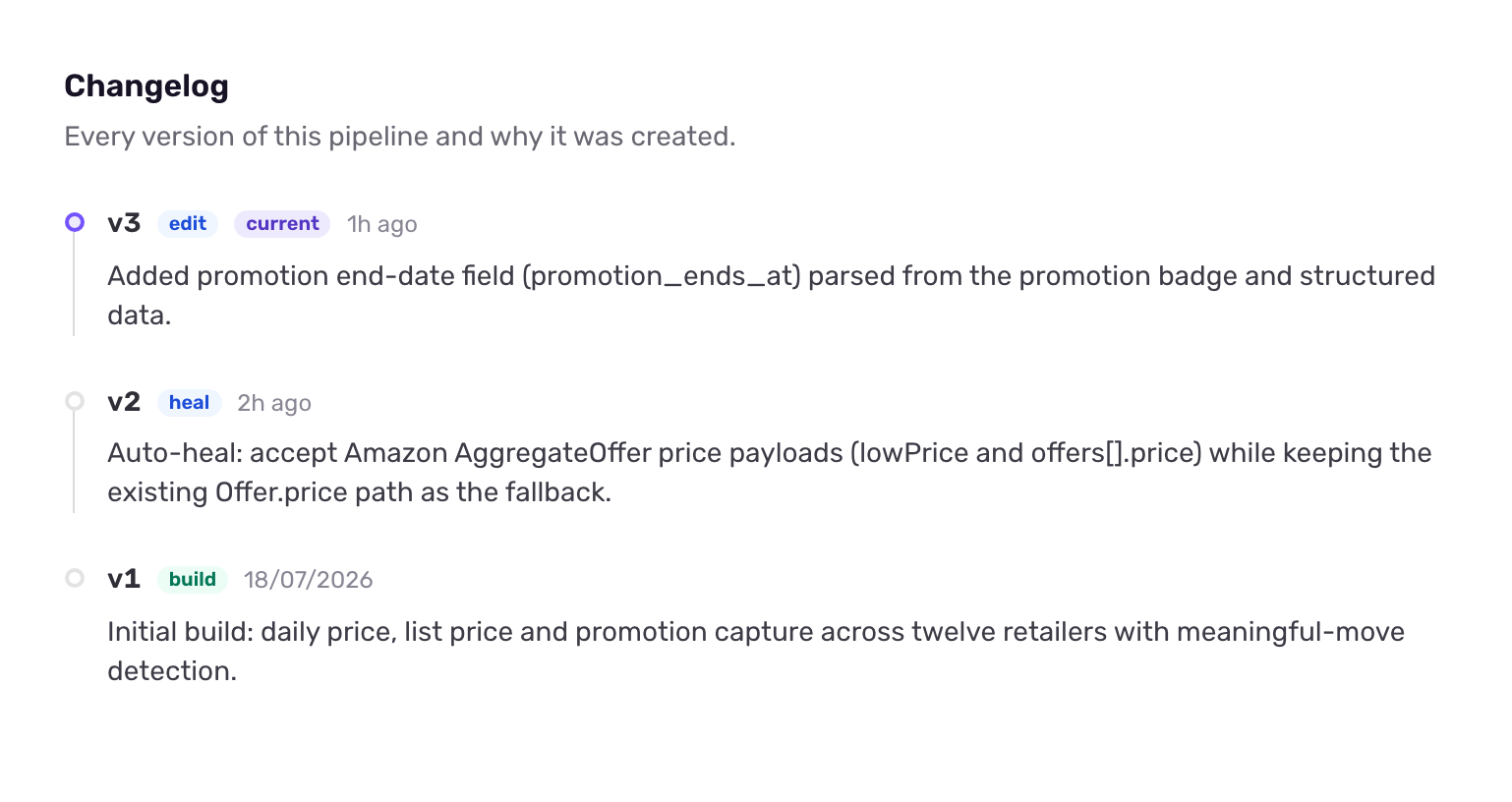 The Changelog tab showing v2 with an Auto-heal badge and its changelog line, and v1 with a build badge