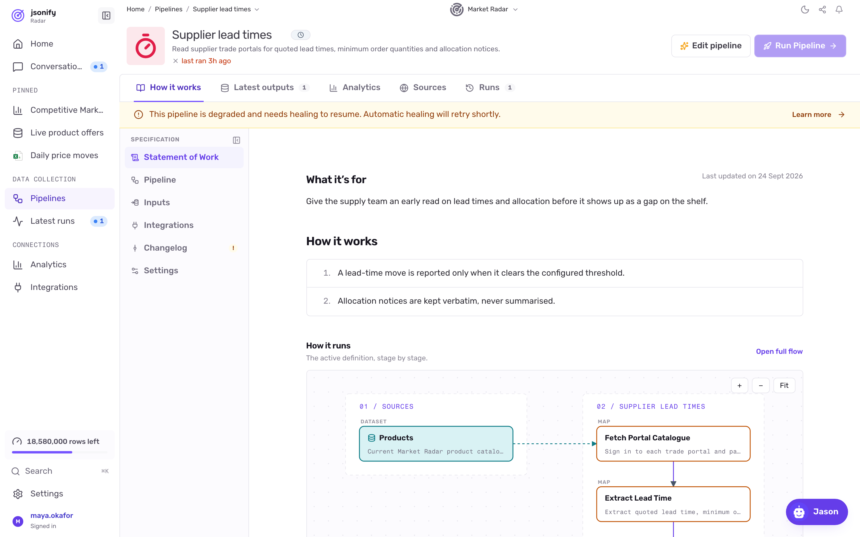 The Supplier lead times pipeline page with the amber degraded banner under the hero and the Run Pipeline button disabled