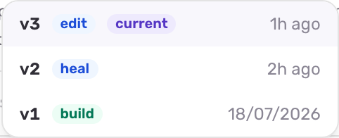 The version chip dropdown listing v2 marked current with an Auto-heal badge and v1 with a build badge