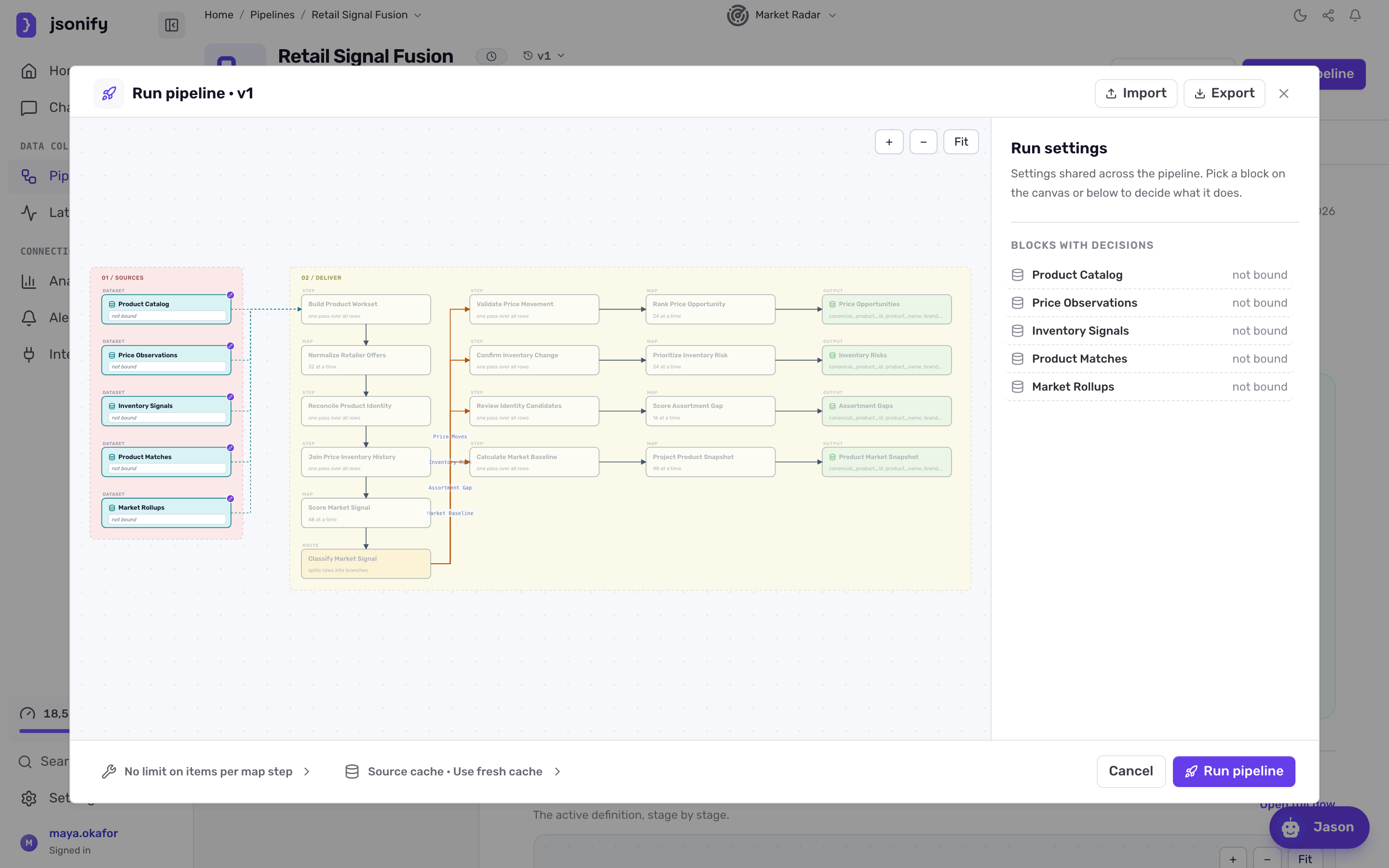 The Run pipeline dialog for a multi-input pipeline with the canvas on the left and the run settings panel with parameter fields on the right