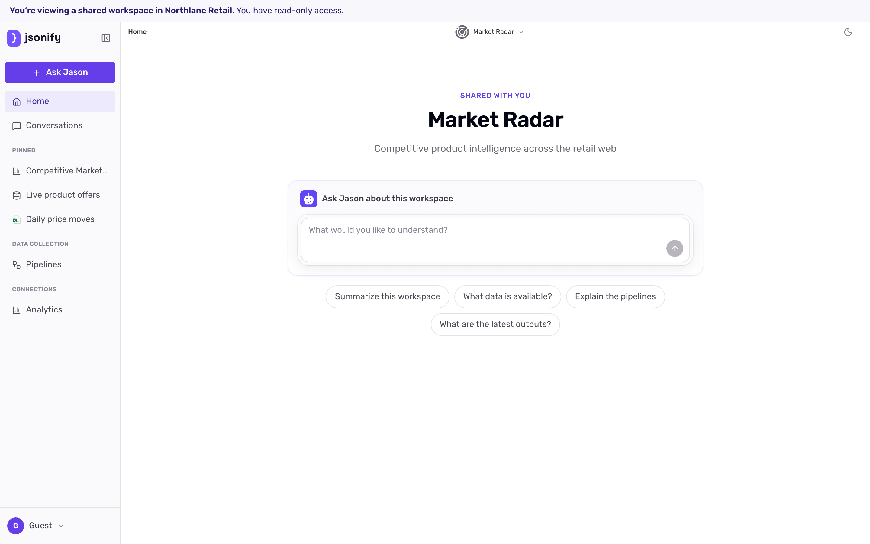 A shared workspace home page with the read-only banner at the top, a sidebar with Ask Jason and the workspace's sections, the workspace name and tagline, a box to ask Jason about the workspace and four suggested questions