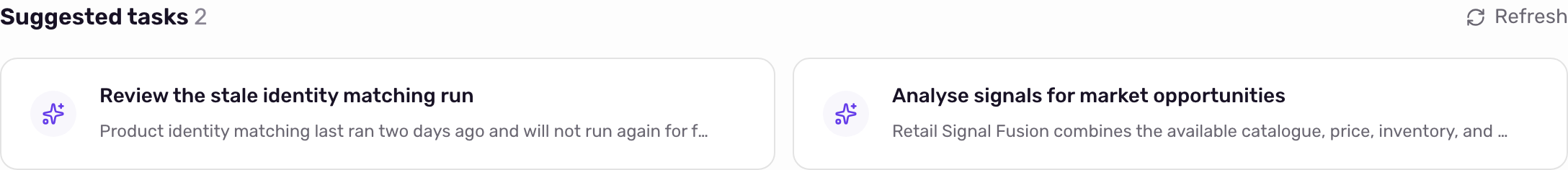 The Suggested tasks section on Home with two suggestion cards and a Refresh link