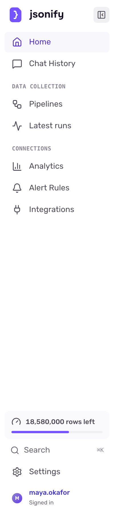 The left sidebar with Home, Chat History, Pipelines, Latest runs, Analytics, Alert Rules, Integrations, the rows-left meter, Search and Settings