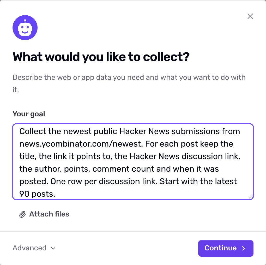 The setup dialog with the Hacker News brief typed into the goal field