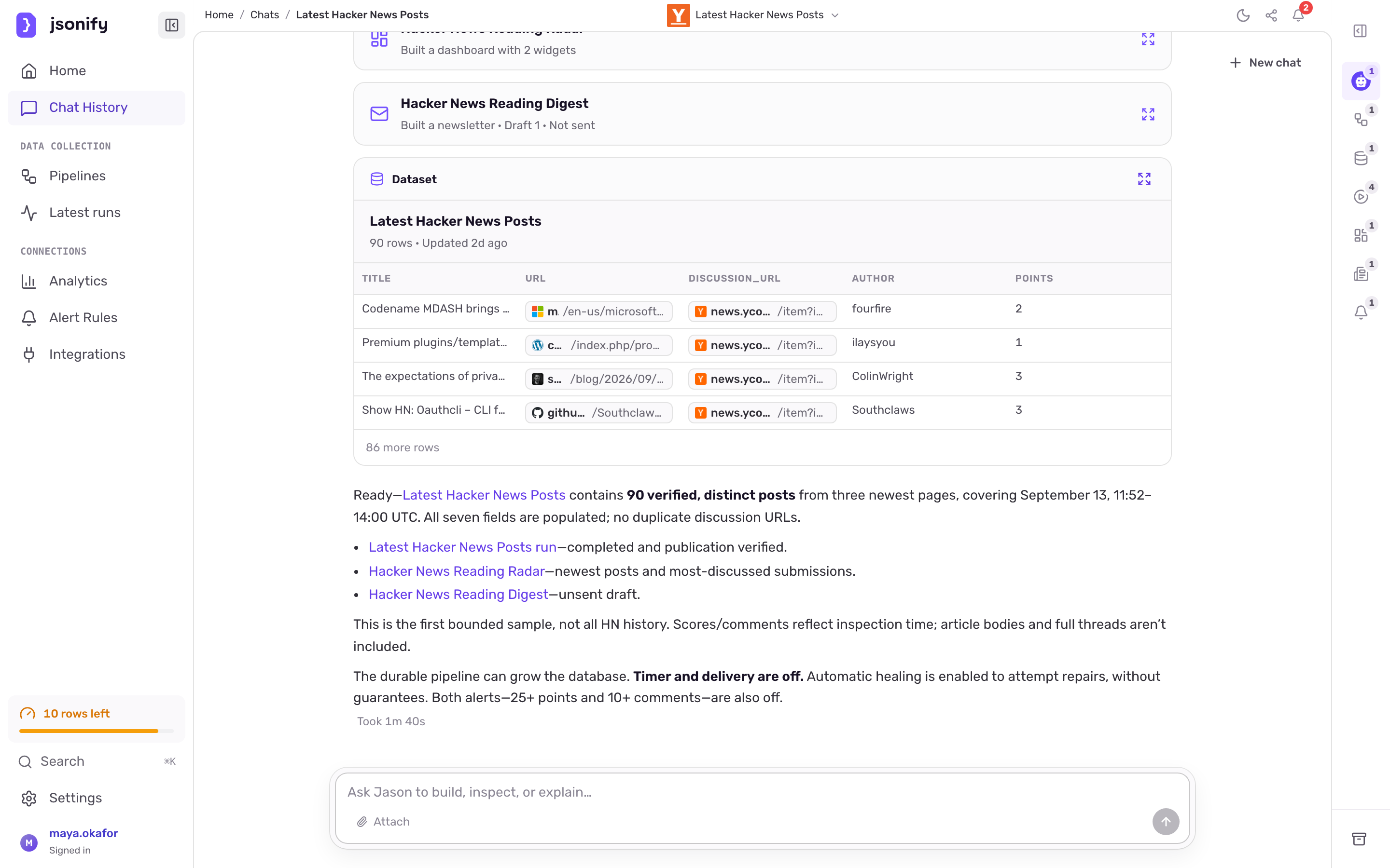 Jason's task-completed card at the end of the build with links to the pipeline, dataset and first run