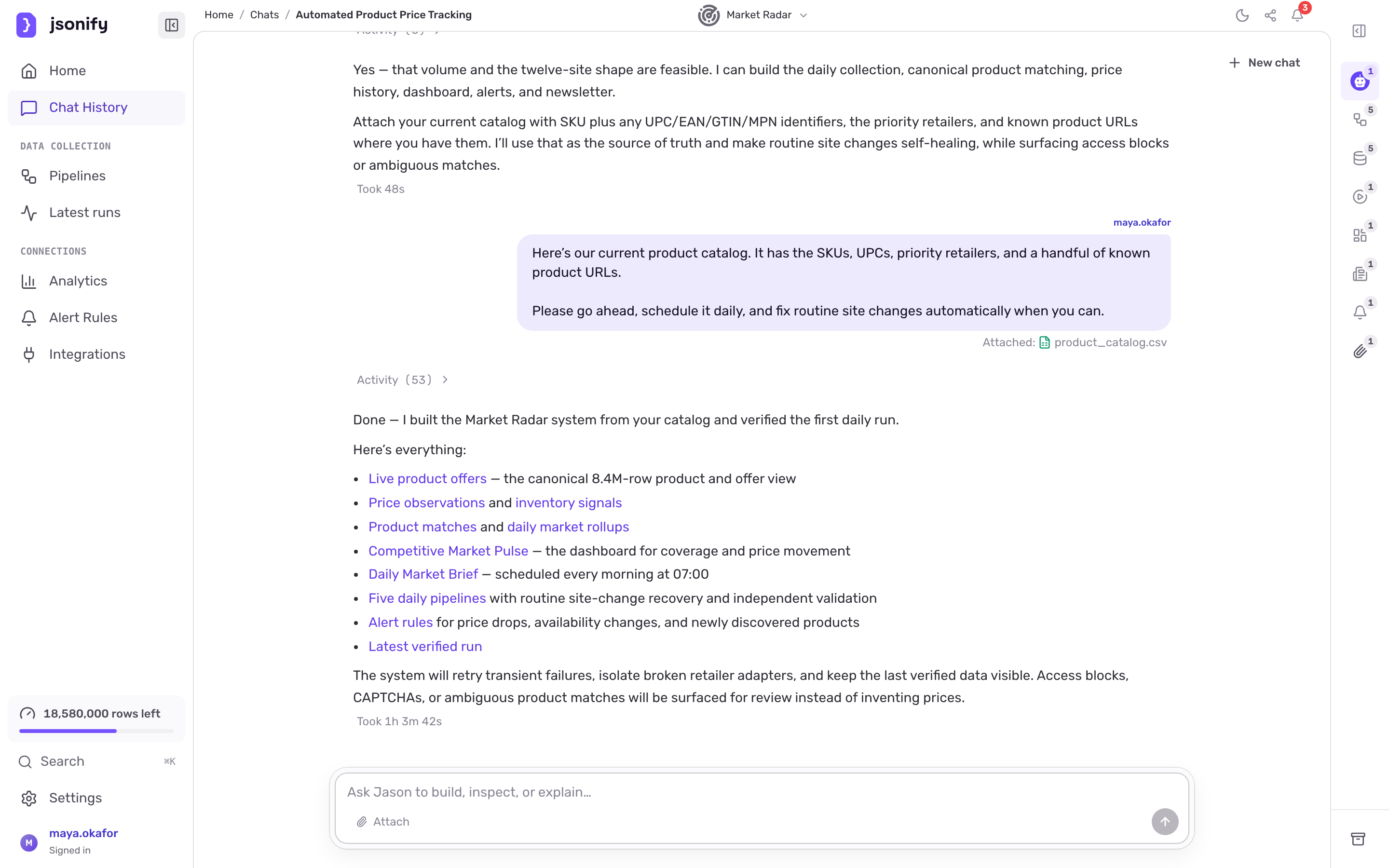 The build conversation ending with a task-completed card listing the pipelines, datasets, dashboard and alerts Jason created