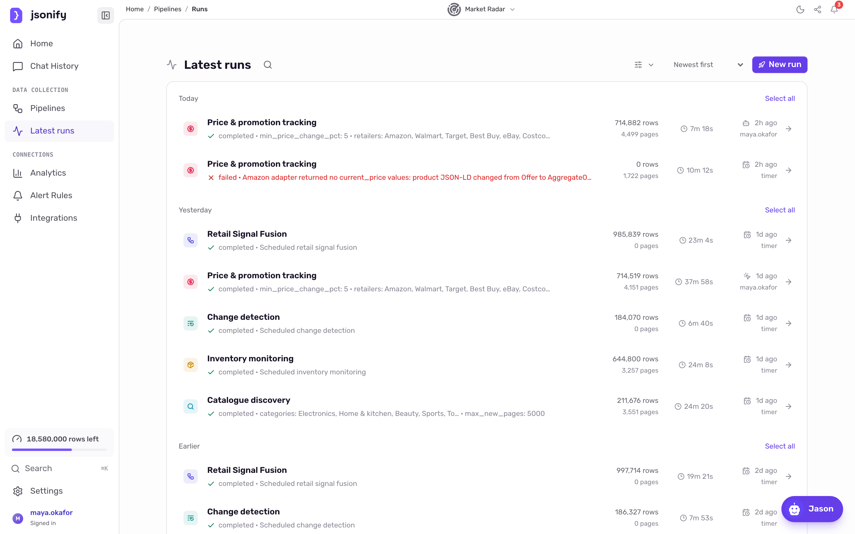 Latest runs page grouped by day with completed scheduled runs for each pipeline