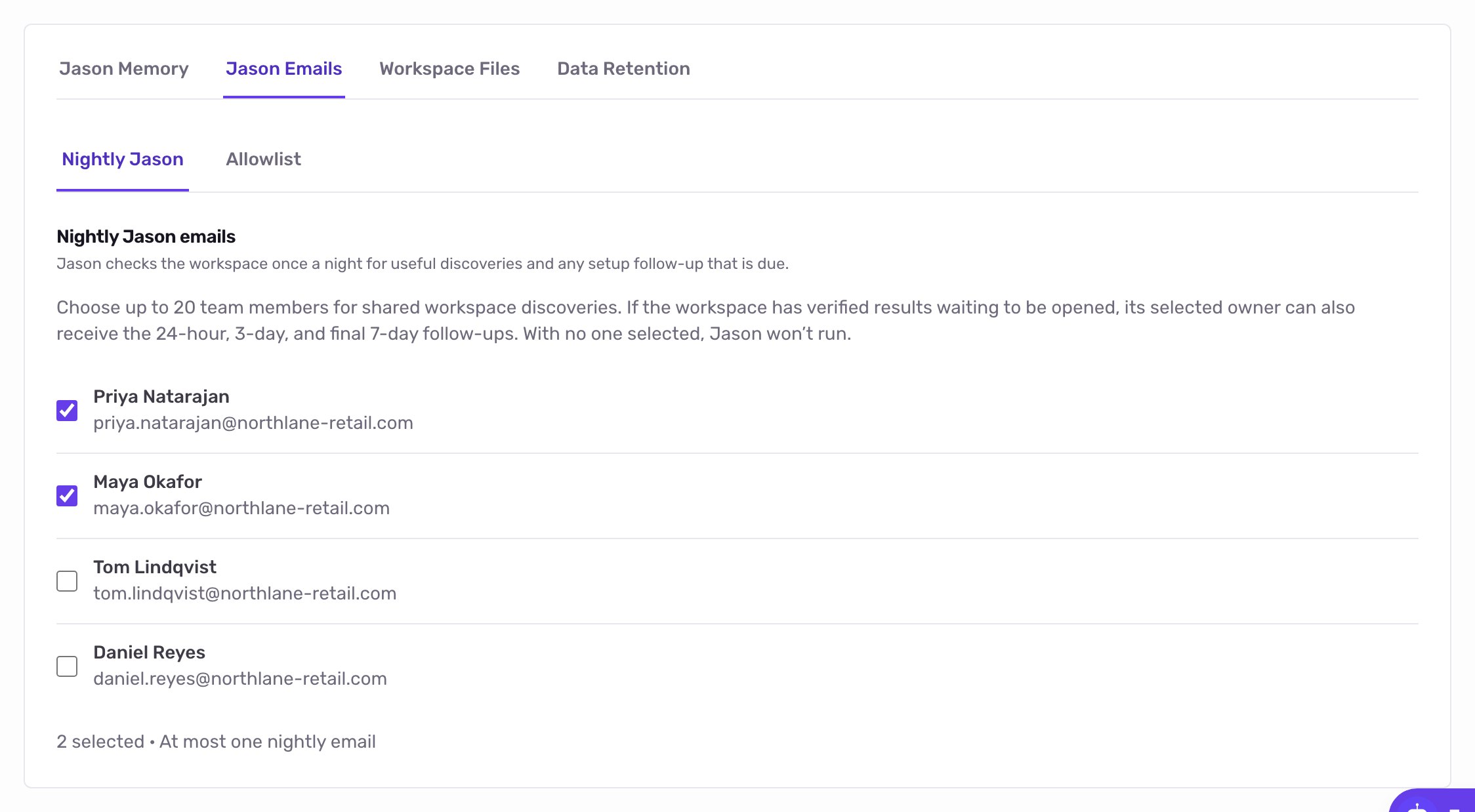 The Nightly Jason emails card with a list of organisation members and checkboxes, and the footer showing how many are selected