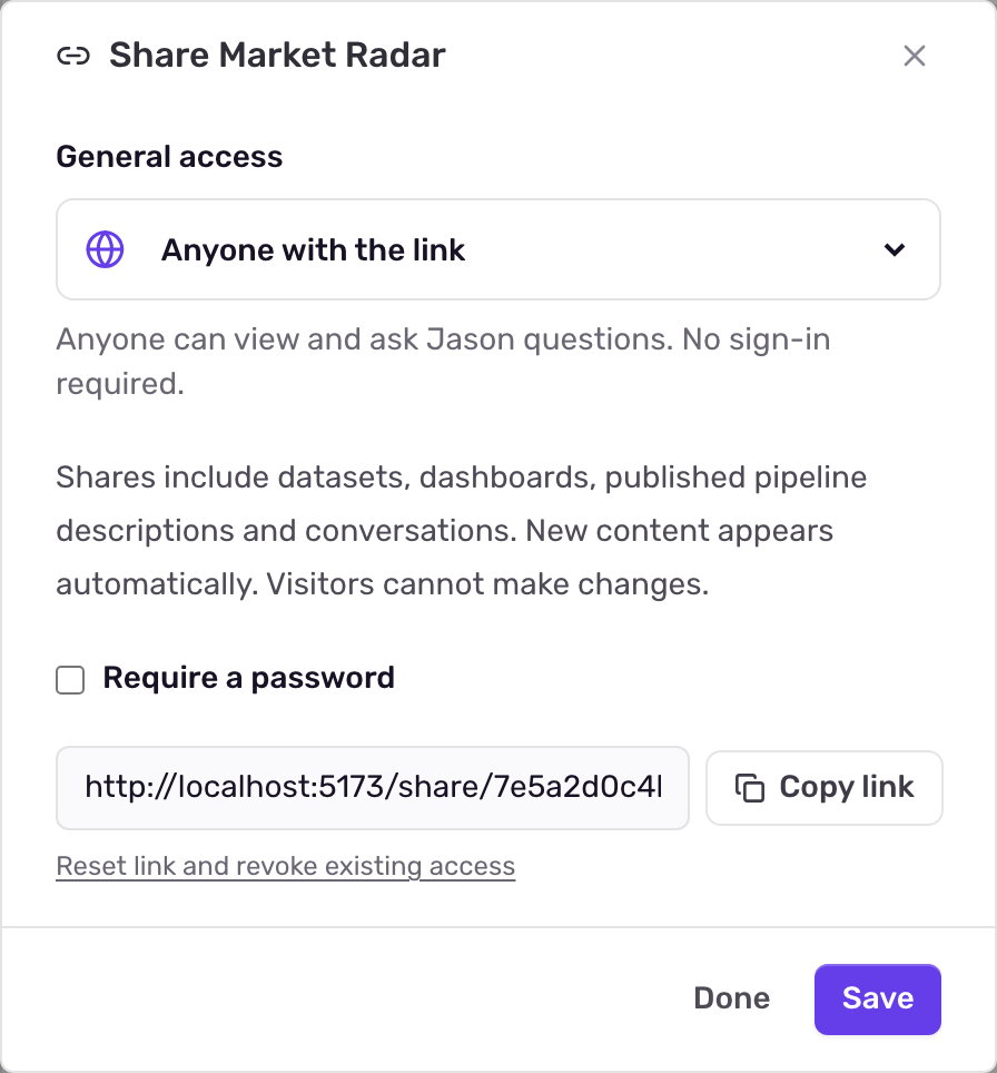 The Share dialog with General access set to Anyone with the link, the Require a password checkbox, the shared link with a Copy link button, and Reset link and revoke existing access
