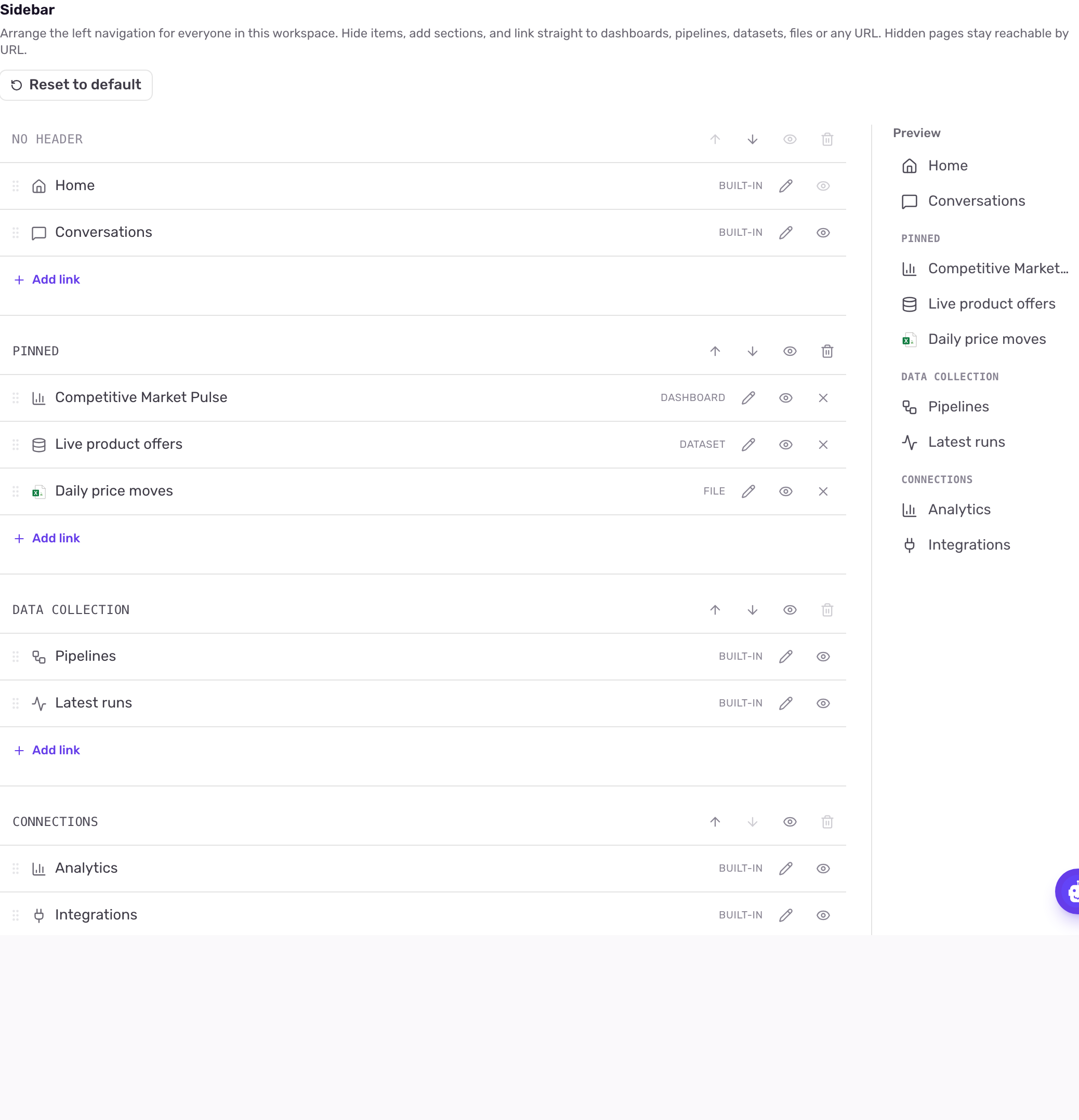 The Sidebar settings with three sections, each with a header field and move, hide and delete controls, item rows with rename, hide and remove icons, Add link under each section, Add section, and a live preview on the right