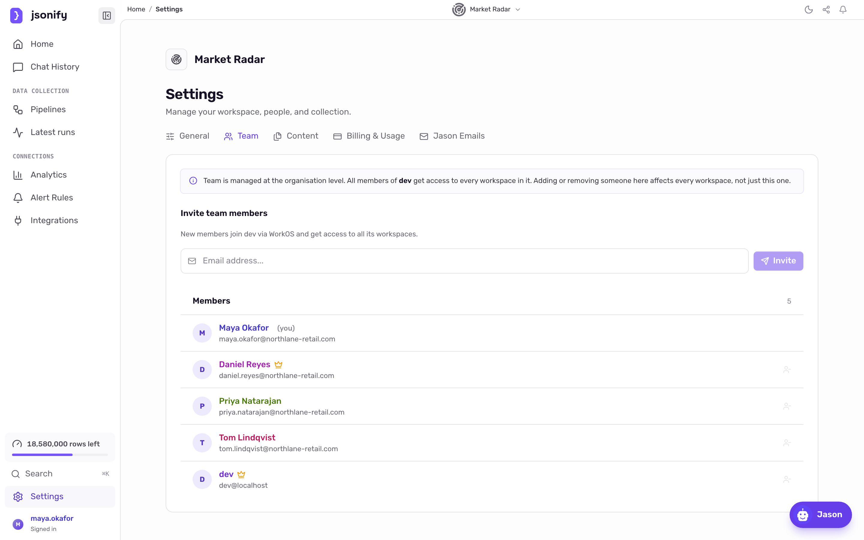 The Team tab in Settings showing the organisation notice, the invite field, a Members list and a Pending invitations card